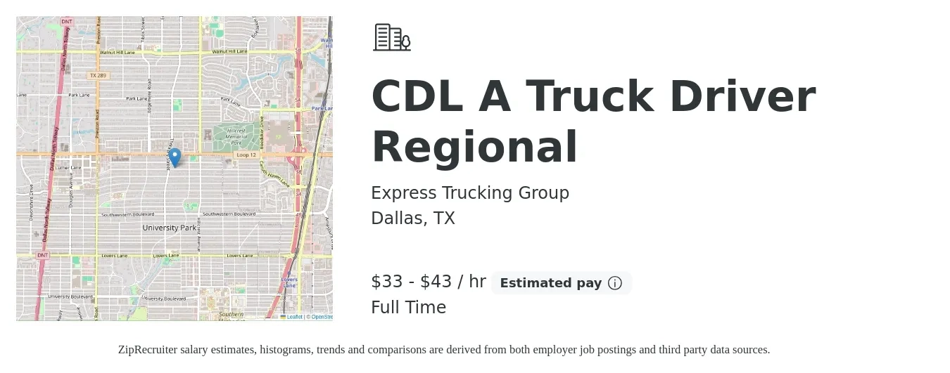 Express Trucking Group job posting for a CDL A Truck Driver Regional in Dallas, TX with a salary of $1,400 to $1,800 Weekly with a map of Dallas location.