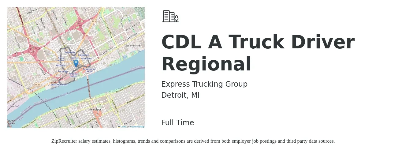 Express Trucking Group job posting for a CDL A Truck Driver Regional in Detroit, MI with a salary of $1,800 to $1,900 Weekly with a map of Detroit location.