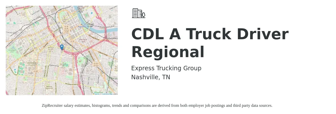 Express Trucking Group job posting for a CDL A Truck Driver Regional in Nashville, TN with a salary of $1,700 Weekly with a map of Nashville location.