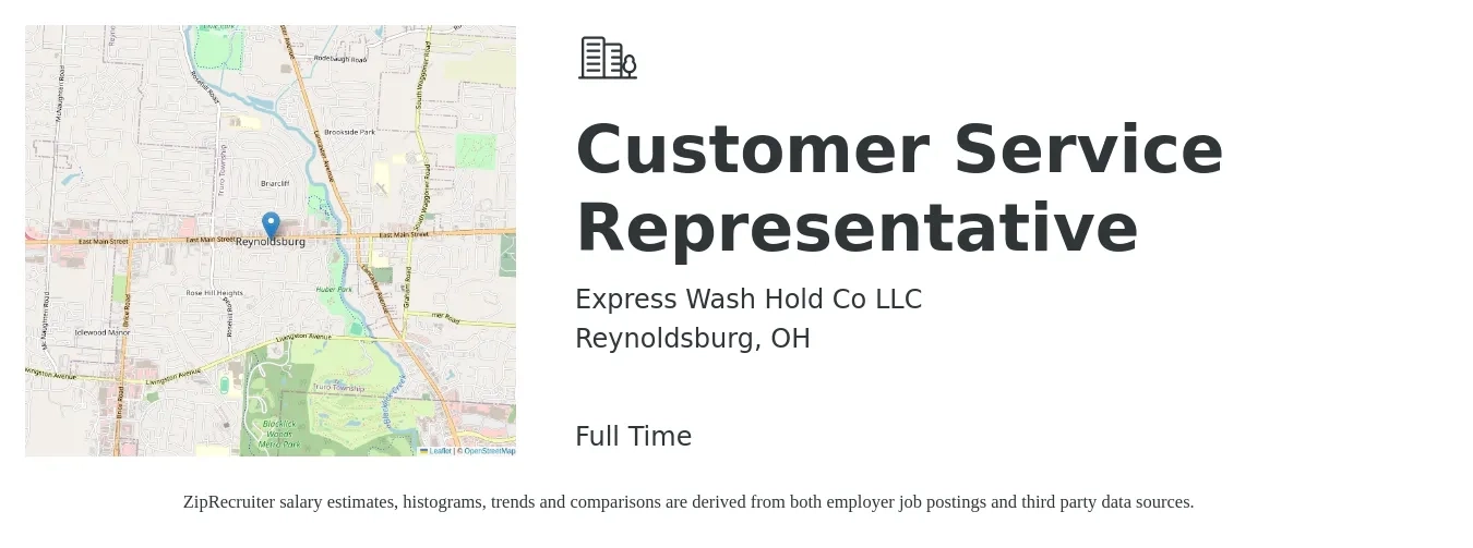 Express Wash Hold Co LLC job posting for a Customer Service Representative in Reynoldsburg, OH with a salary of $15 to $20 Hourly with a map of Reynoldsburg location.