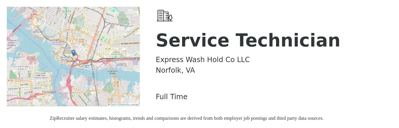 Express Wash Hold Co LLC job posting for a Service Technician in Norfolk, VA with a salary of $20 to $27 Hourly with a map of Norfolk location.