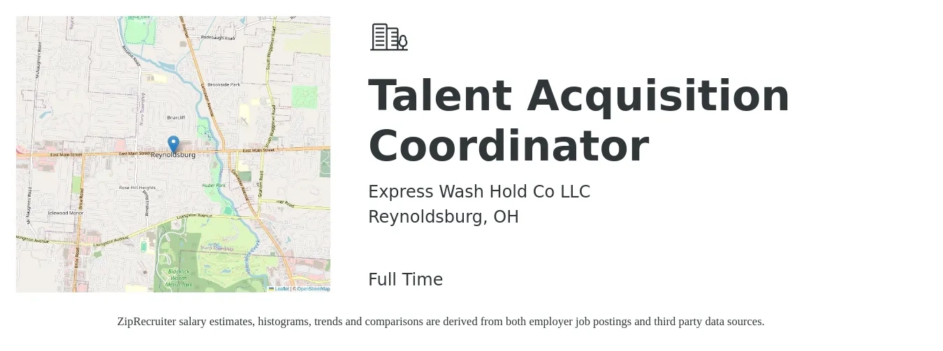 Express Wash Hold Co LLC job posting for a Talent Acquisition Coordinator in Reynoldsburg, OH with a salary of $19 to $25 Hourly with a map of Reynoldsburg location.