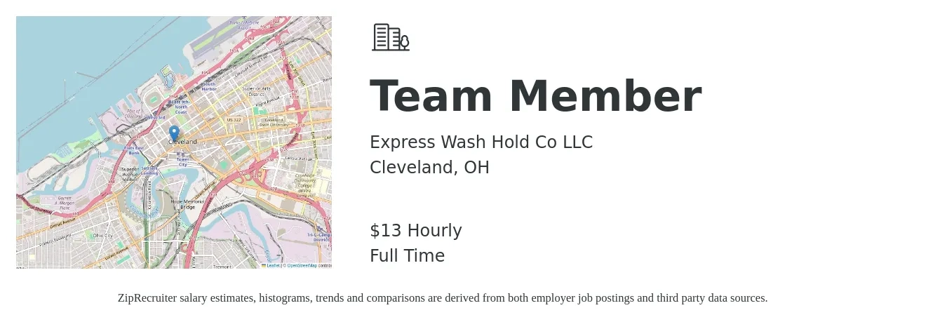 Express Wash Hold Co LLC job posting for a Team Member in Cleveland, OH with a salary of $14 Hourly with a map of Cleveland location.