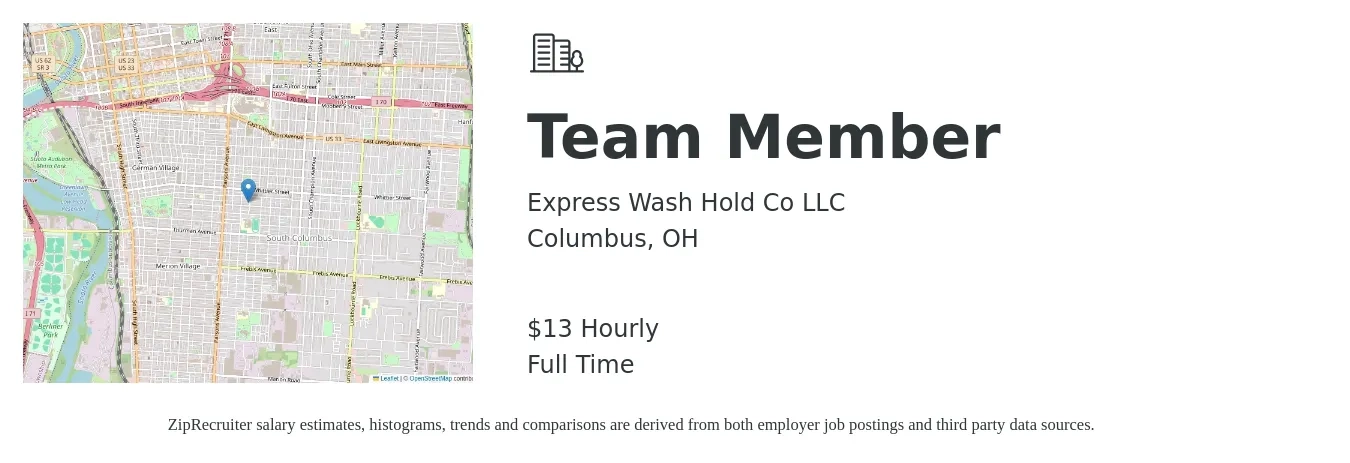 Express Wash Hold Co LLC job posting for a Team Member in Columbus, OH with a salary of $14 Hourly with a map of Columbus location.