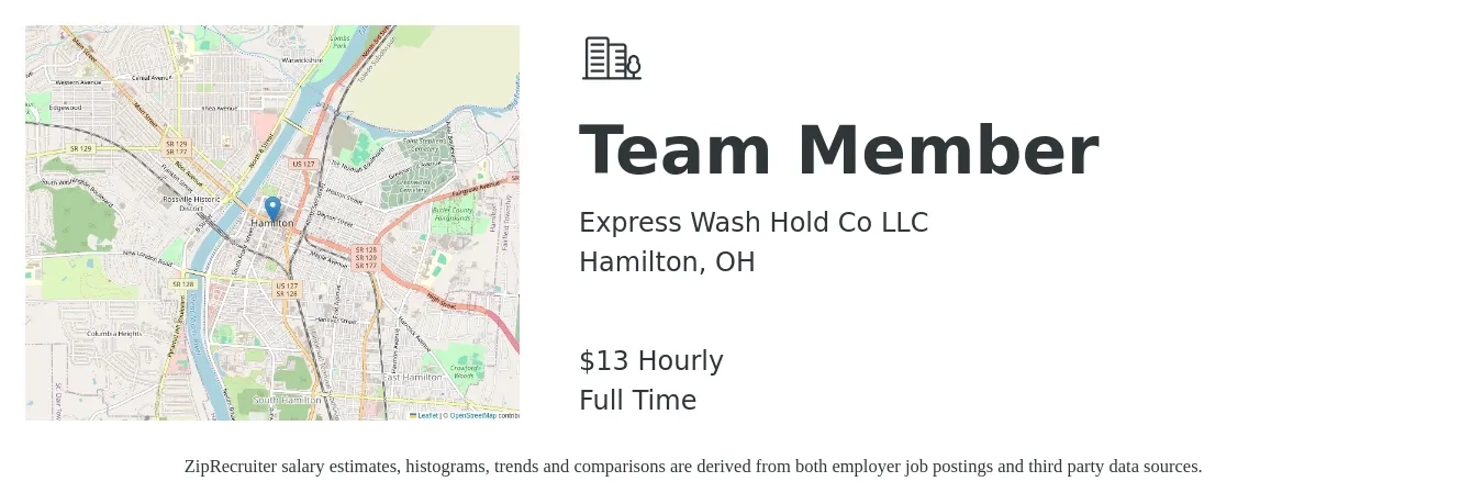 Express Wash Hold Co LLC job posting for a Team Member in Hamilton, OH with a salary of $14 Hourly with a map of Hamilton location.