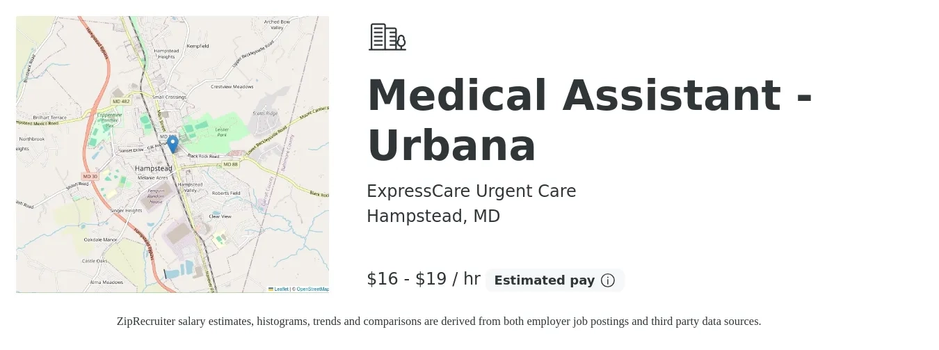 ExpressCare Urgent Care job posting for a Medical Assistant - Urbana in Hampstead, MD with a salary of $17 to $20 Hourly with a map of Hampstead location.