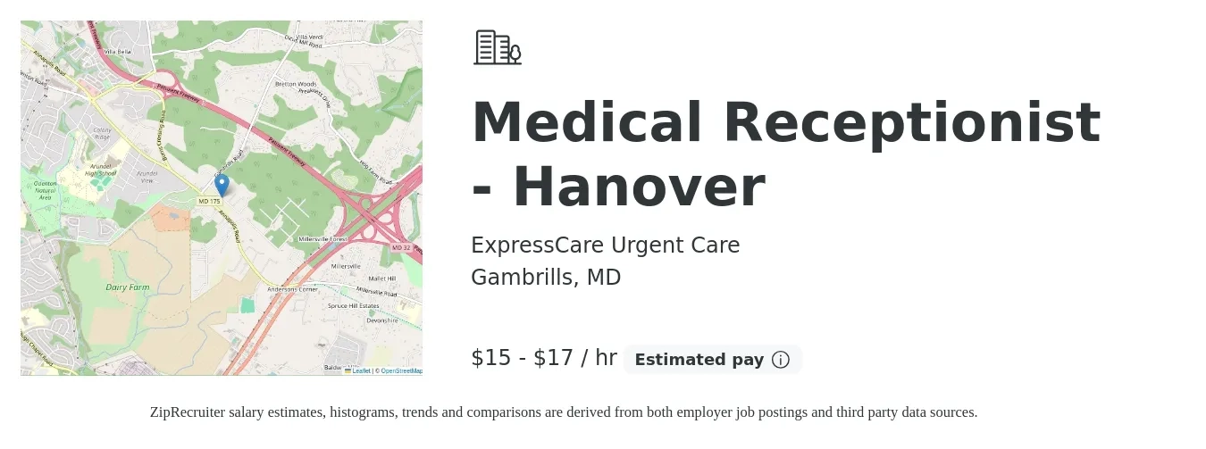 ExpressCare Urgent Care job posting for a Medical Receptionist - Hanover in Gambrills, MD with a salary of $16 to $18 Hourly with a map of Gambrills location.