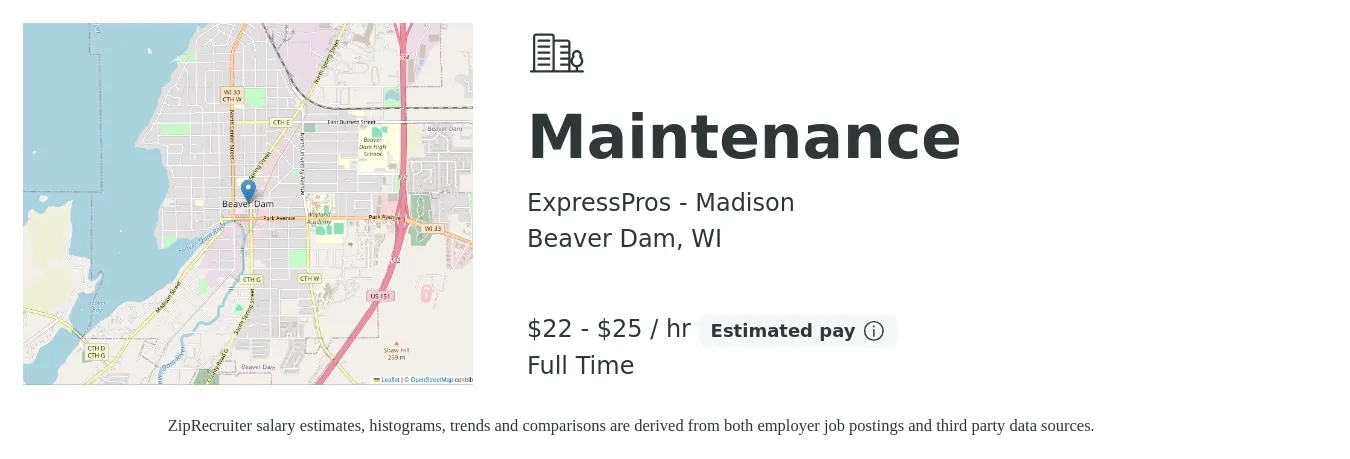 ExpressPros - Madison job posting for a Maintenance in Beaver Dam, WI with a salary of $23 to $26 Hourly with a map of Beaver Dam location.