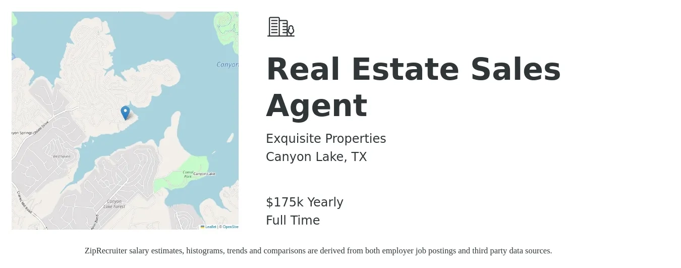 Exquisite Properties job posting for a Real Estate Sales Agent in Canyon Lake, TX with a salary of $175,000 Yearly with a map of Canyon Lake location.