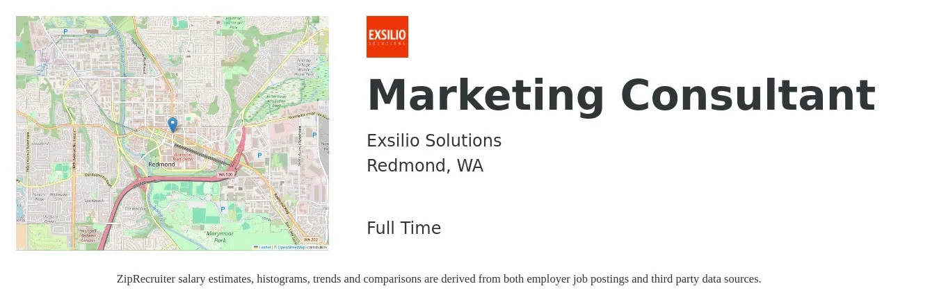 Exsilio Solutions job posting for a Marketing Consultant in Redmond, WA with a salary of $27 to $57 Hourly with a map of Redmond location.