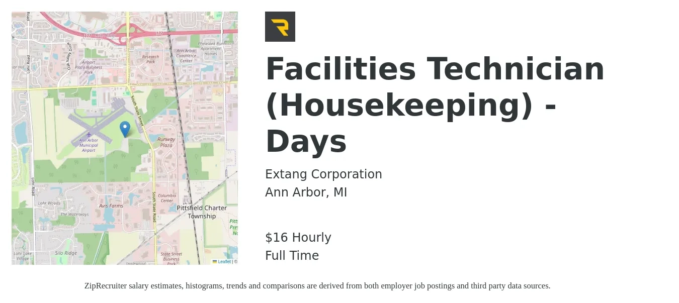 Extang Corporation job posting for a Facilities Technician (Housekeeping) - Days in Ann Arbor, MI with a salary of $17 Hourly with a map of Ann Arbor location.