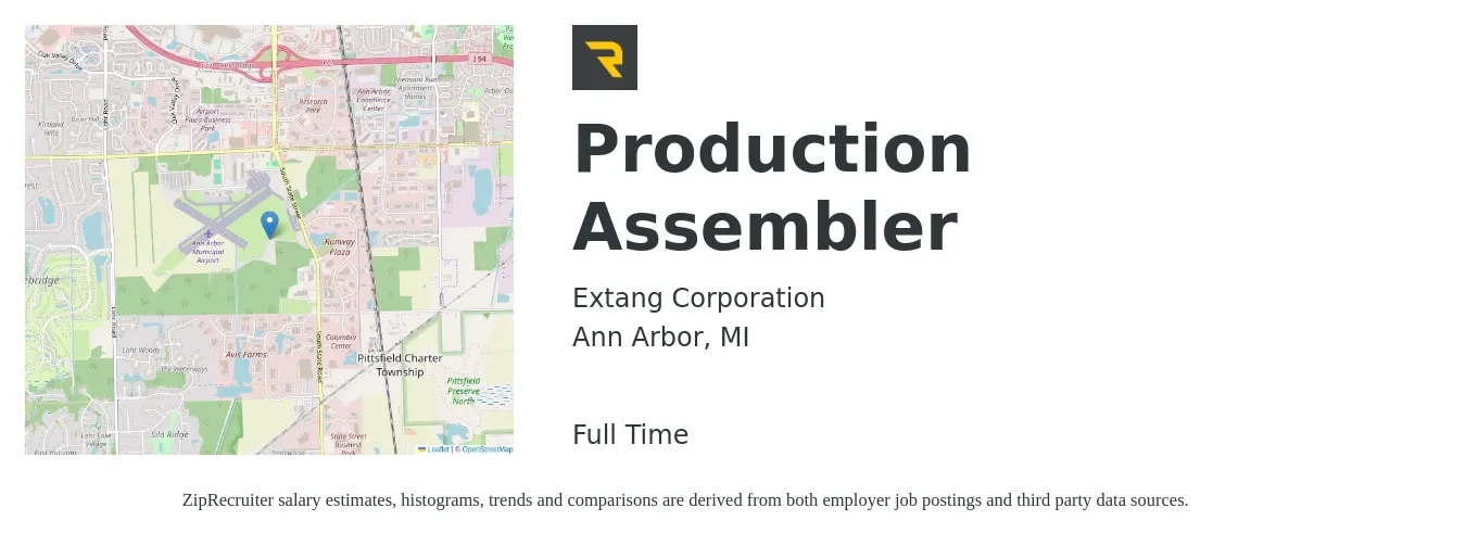 Extang Corporation job posting for a Production Assembler in Ann Arbor, MI with a salary of $16 to $19 Hourly with a map of Ann Arbor location.