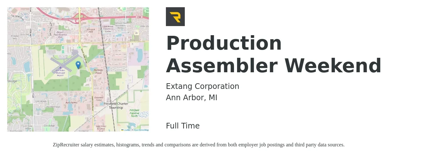 Extang Corporation job posting for a Production Assembler Weekend in Ann Arbor, MI with a salary of $16 to $19 Hourly with a map of Ann Arbor location.