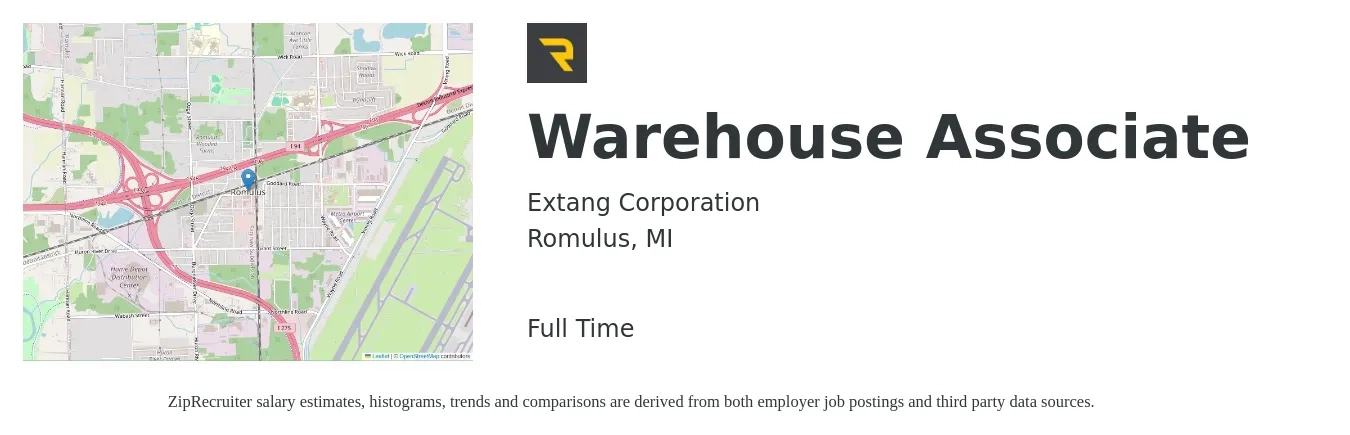 Extang Corporation job posting for a Warehouse Associate in Romulus, MI with a salary of $16 to $18 Hourly with a map of Romulus location.
