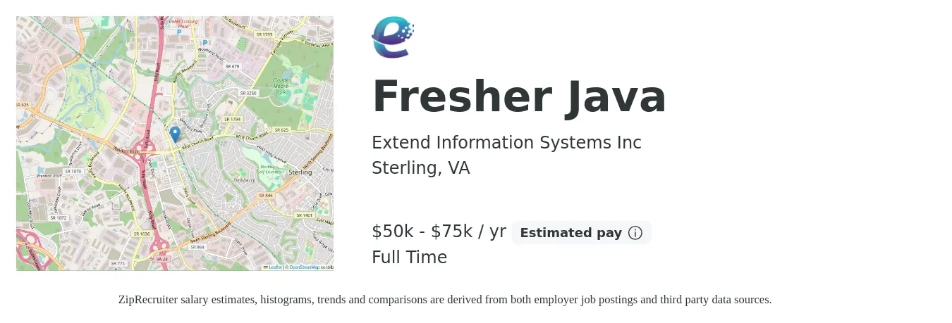 Extend Information Systems Inc job posting for a Fresher Java in Sterling, VA with a salary of $50,000 to $75,000 Yearly with a map of Sterling location.