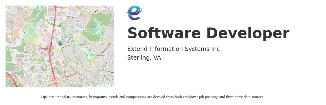 Extend Information Systems Inc job posting for a Software Developer in Sterling, VA with a salary of $89,100 to $128,700 Yearly with a map of Sterling location.
