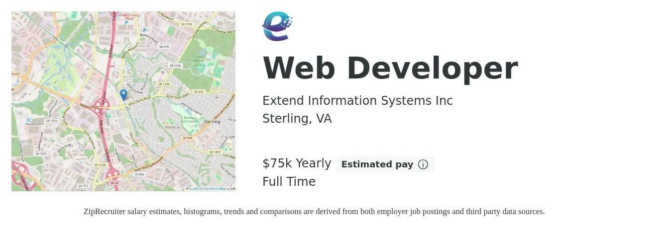 Extend Information Systems Inc job posting for a Web Developer in Sterling, VA with a salary of $75,000 Yearly with a map of Sterling location.