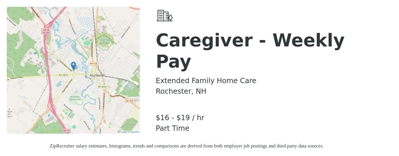 Extended Family Home Care job posting for a Caregiver - Weekly Pay in Rochester, NH with a salary of $17 to $20 Hourly with a map of Rochester location.
