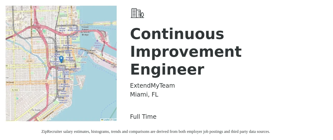 ExtendMyTeam job posting for a Continuous Improvement Engineer in Miami, FL with a salary of $75,400 to $100,700 Yearly with a map of Miami location.
