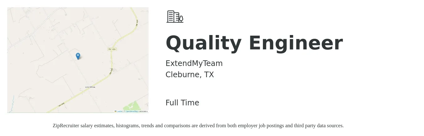 ExtendMyTeam job posting for a Quality Engineer in Cleburne, TX with a salary of $69,100 to $89,300 Yearly with a map of Cleburne location.