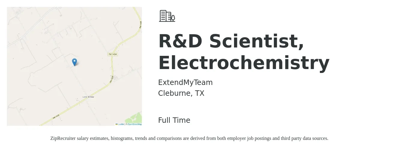 ExtendMyTeam job posting for a R&D Scientist, Electrochemistry in Cleburne, TX with a salary of $103,200 to $166,000 Yearly with a map of Cleburne location.