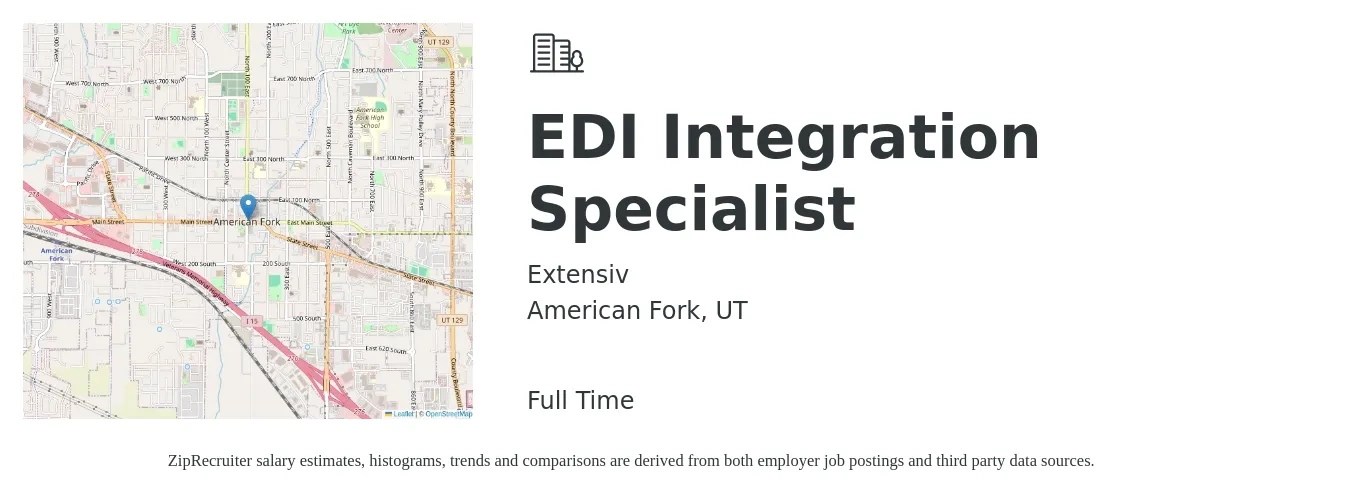 Extensiv job posting for a EDI Integration Specialist in American Fork, UT with a salary of $76,300 to $95,000 Yearly with a map of American Fork location.