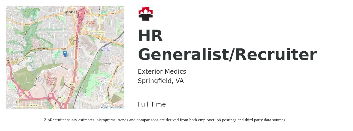 Exterior Medics job posting for a HR Generalist/Recruiter in Springfield, VA with a salary of $54,400 to $77,400 Yearly with a map of Springfield location.