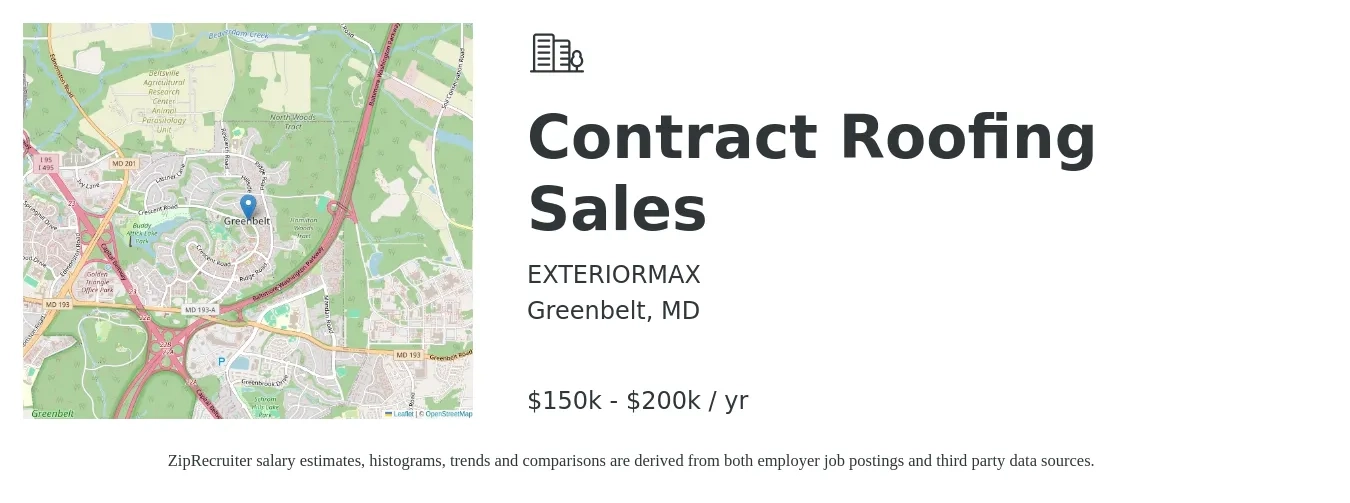 EXTERIORMAX job posting for a Contract Roofing Sales in Greenbelt, MD with a salary of $150,000 to $200,000 Yearly with a map of Greenbelt location.