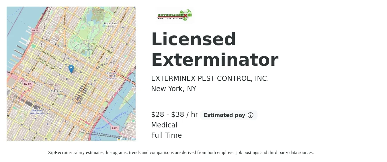 EXTERMINEX PEST CONTROL, INC. job posting for a Licensed Exterminator in New York, NY with a salary of $30 to $40 Hourly (plus commission) and benefits including medical, pto, and retirement with a map of New York location.