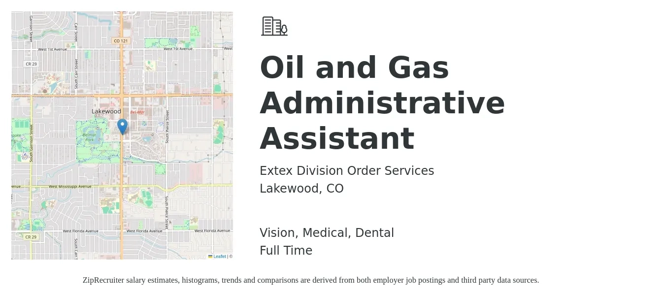 Extex Division Order Services job posting for a Oil and Gas Administrative Assistant in Lakewood, CO with a salary of $18 to $24 Hourly and benefits including retirement, vision, dental, and medical with a map of Lakewood location.