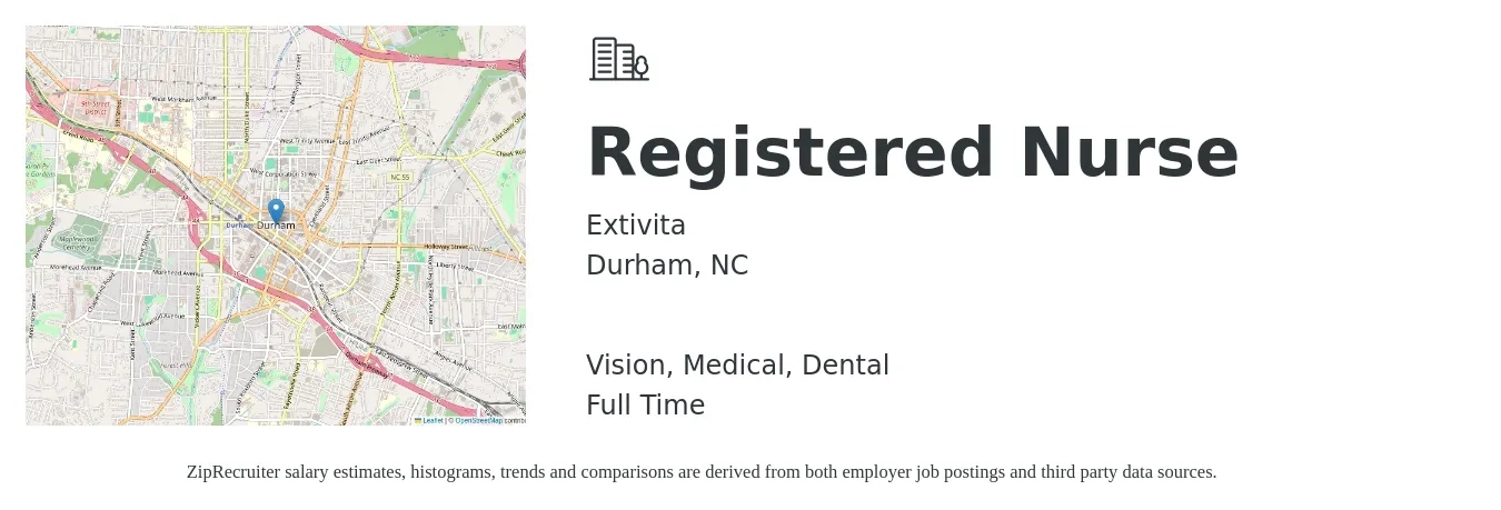 Extivita job posting for a Registered Nurse in Durham, NC with a salary of $32 to $50 Hourly and benefits including dental, life_insurance, medical, pto, retirement, and vision with a map of Durham location.