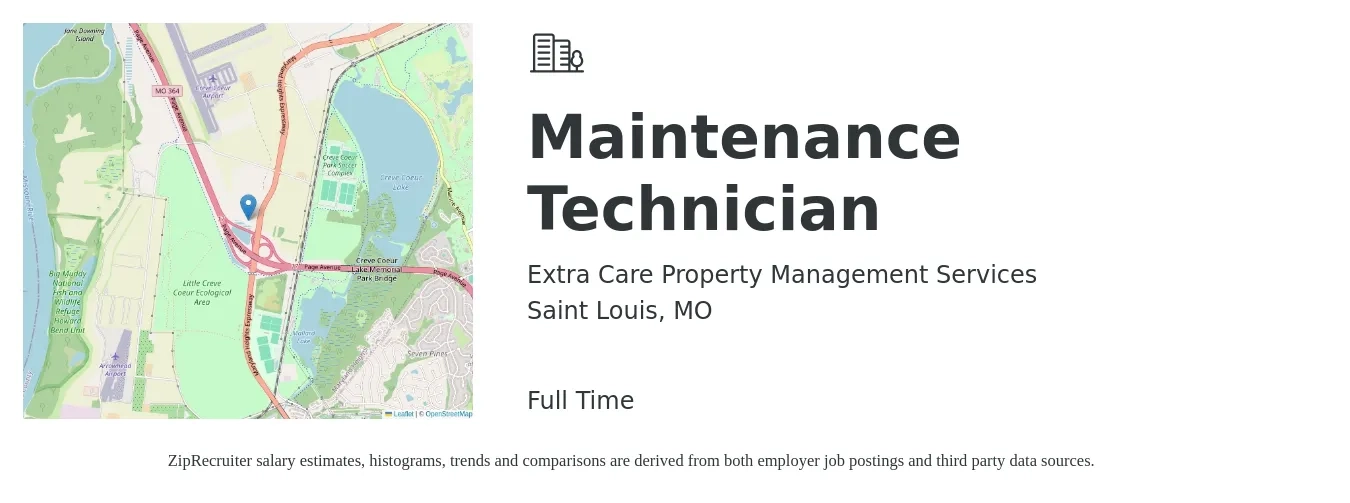 Extra Care Property Management Services job posting for a Maintenance Technician in Saint Louis, MO with a salary of $19 to $26 Hourly with a map of Saint Louis location.