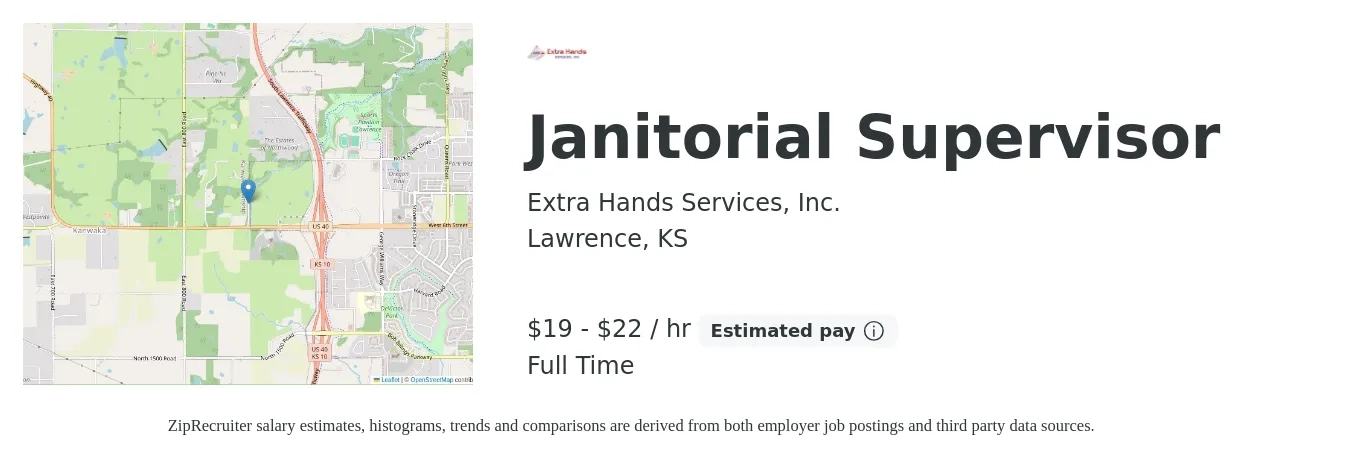 Extra Hands Services, Inc. job posting for a Janitorial Supervisor in Lawrence, KS with a salary of $20 to $23 Hourly with a map of Lawrence location.