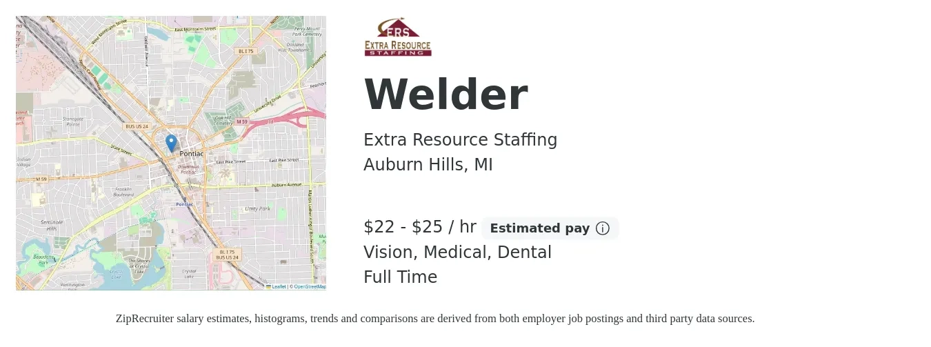 Extra Resource Staffing job posting for a Welder in Auburn Hills, MI with a salary of $23 to $27 Hourly and benefits including dental, life_insurance, medical, pto, retirement, and vision with a map of Auburn Hills location.