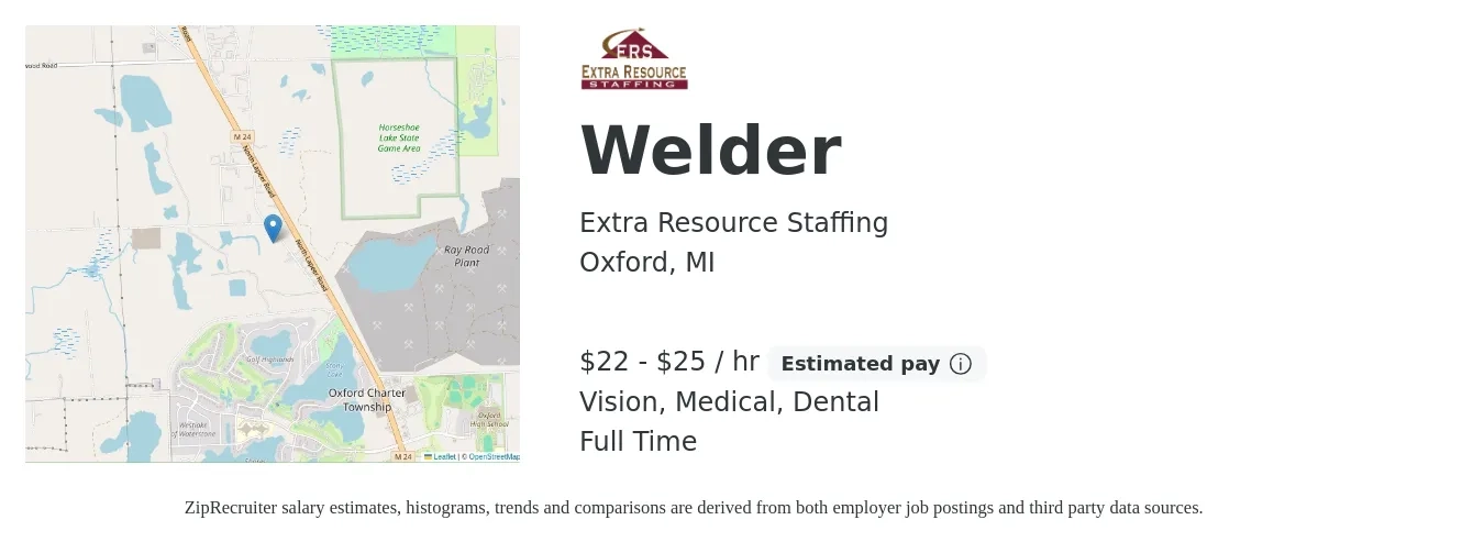 Extra Resource Staffing job posting for a Welder in Oxford, MI with a salary of $23 to $27 Hourly and benefits including dental, life_insurance, medical, pto, retirement, and vision with a map of Oxford location.