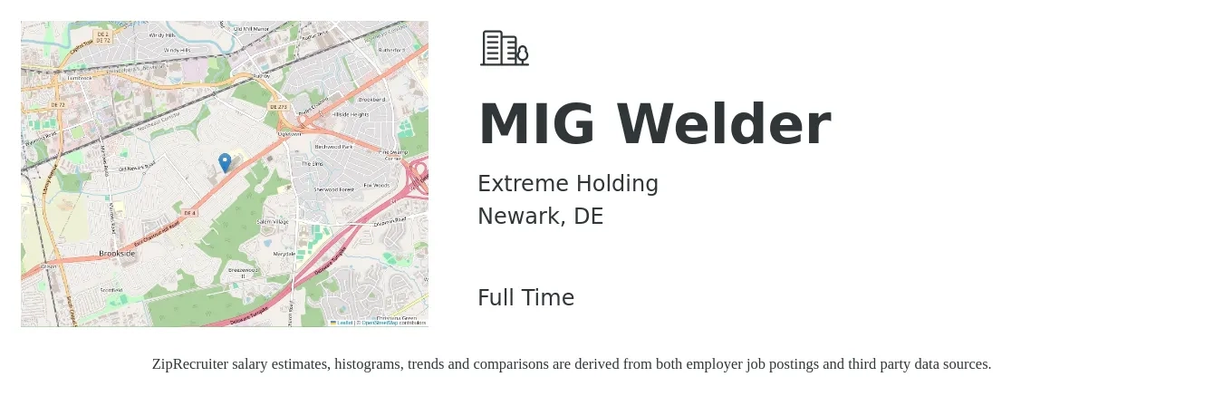 Extreme Holding job posting for a MIG Welder in Newark, DE with a salary of $18 to $22 Hourly with a map of Newark location.