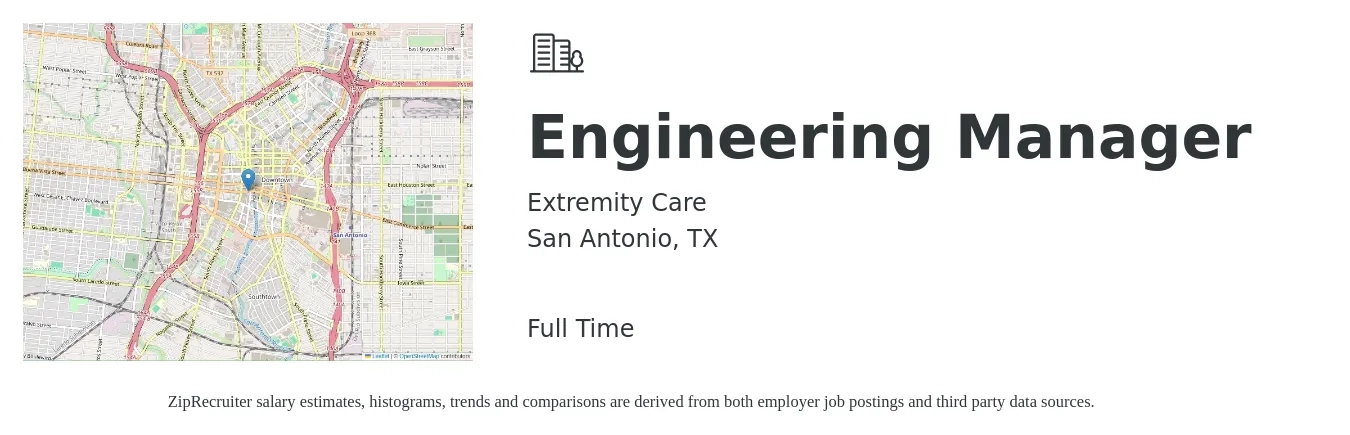 Extremity Care job posting for a Engineering Manager in San Antonio, TX with a salary of $90,000 Yearly with a map of San Antonio location.