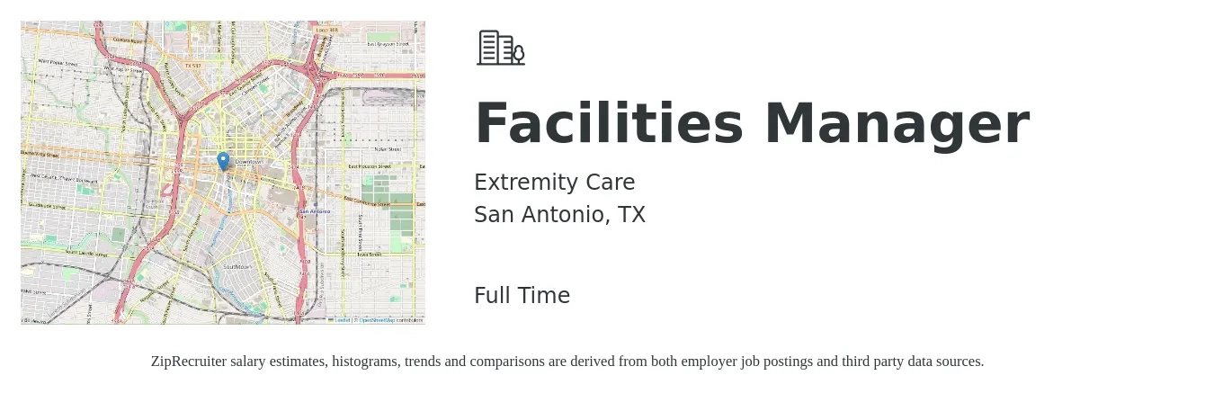 Extremity Care job posting for a Facilities Manager in San Antonio, TX with a salary of $48,700 to $80,700 Yearly with a map of San Antonio location.