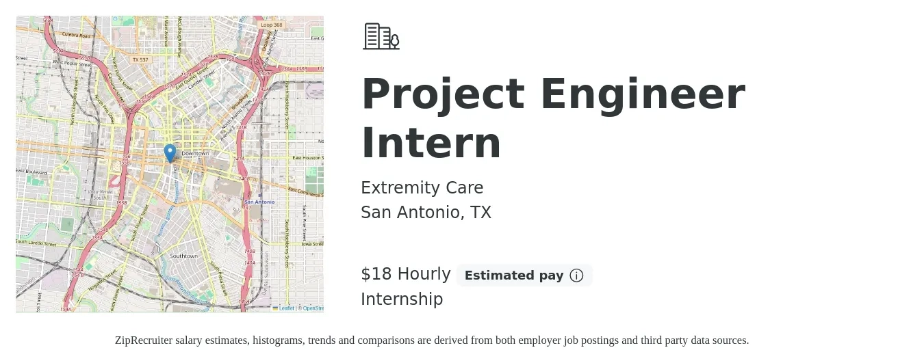 Extremity Care job posting for a Project Engineer Intern in San Antonio, TX with a salary of $19 Hourly with a map of San Antonio location.