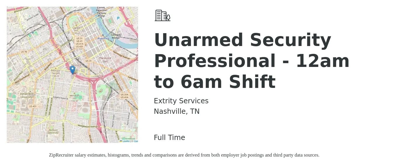 Extrity Services job posting for a Unarmed Security Professional - 12am to 6am Shift in Nashville, TN with a salary of $16 to $18 Hourly with a map of Nashville location.