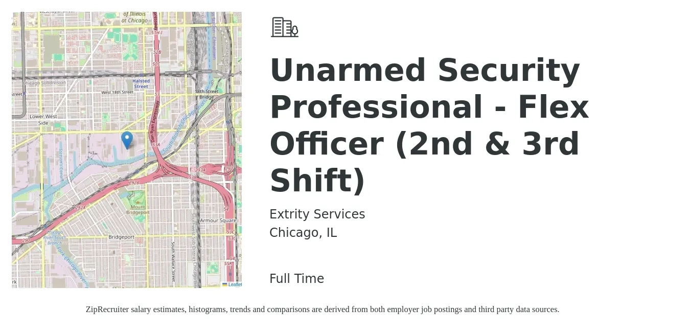 Extrity Services job posting for a Unarmed Security Professional - Flex Officer (2nd & 3rd Shift) in Chicago, IL with a salary of $16 to $20 Hourly with a map of Chicago location.