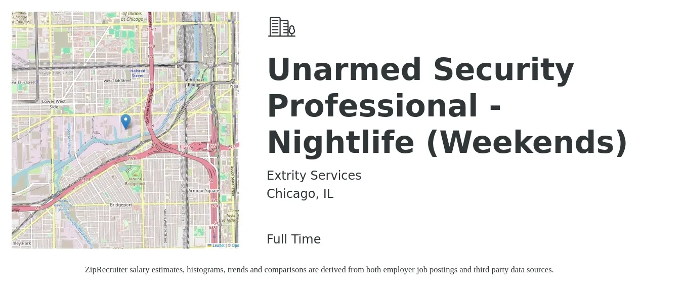 Extrity Services job posting for a Unarmed Security Professional - Nightlife (Weekends) in Chicago, IL with a salary of $16 to $19 Hourly with a map of Chicago location.