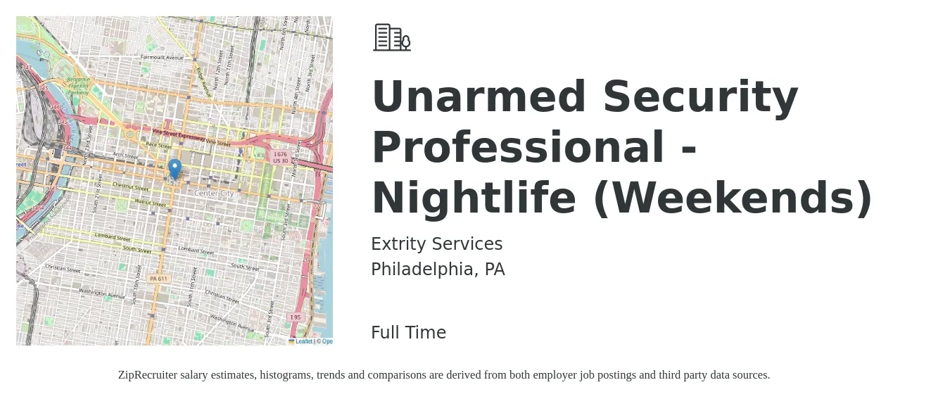 Extrity Services job posting for a Unarmed Security Professional - Nightlife (Weekends) in Philadelphia, PA with a salary of $16 to $19 Hourly with a map of Philadelphia location.