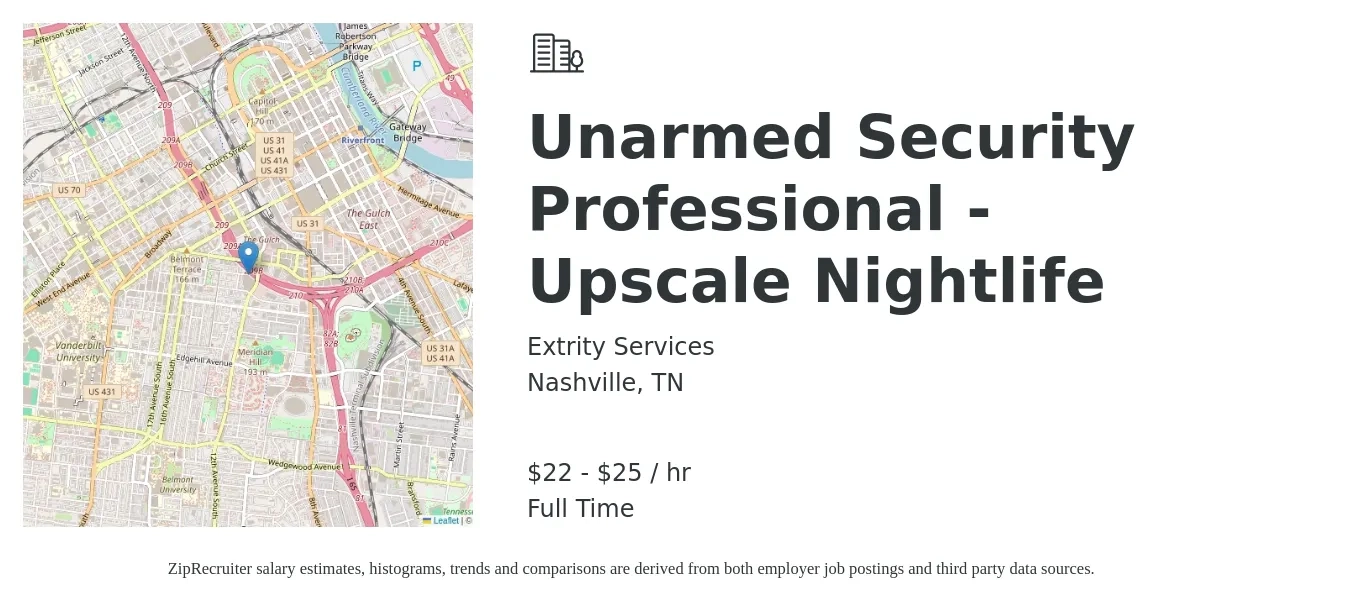 Extrity Services job posting for a Unarmed Security Professional - Upscale Nightlife in Nashville, TN with a salary of $23 to $26 Hourly with a map of Nashville location.