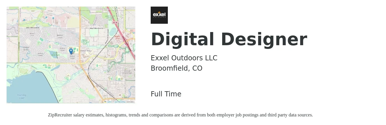 Exxel Outdoors LLC job posting for a Digital Designer in Broomfield, CO with a salary of $62,500 to $70,000 Yearly with a map of Broomfield location.