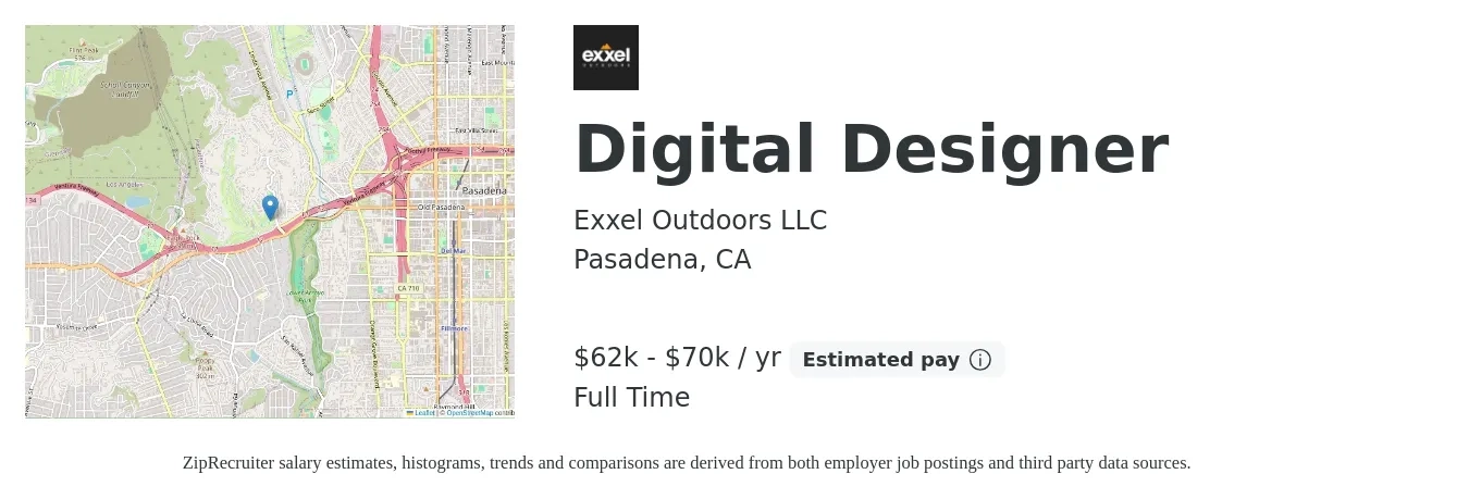 Exxel Outdoors LLC job posting for a Digital Designer in Pasadena, CA with a salary of $62,500 to $70,000 Yearly with a map of Pasadena location.