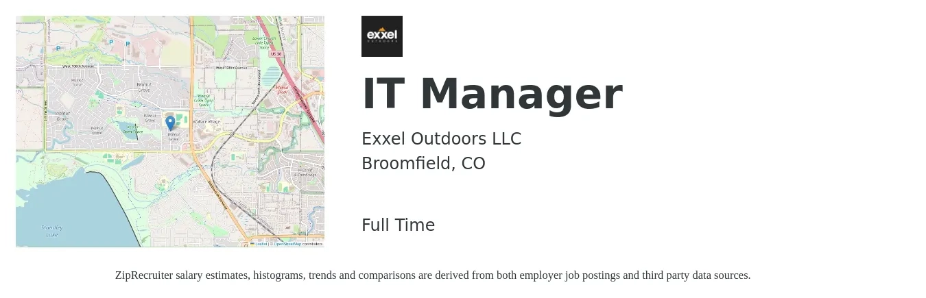 Exxel Outdoors LLC job posting for a IT Manager in Broomfield, CO with a salary of $110,000 to $120,000 Yearly with a map of Broomfield location.