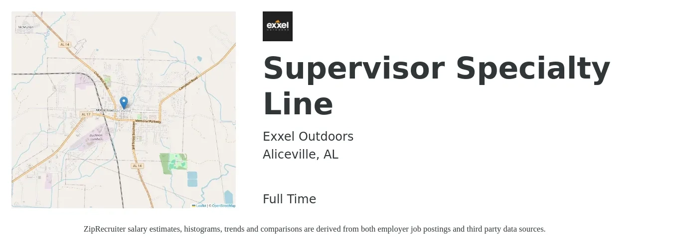 Exxel Outdoors job posting for a Supervisor Specialty Line in Aliceville, AL with a salary of $18 to $30 Hourly with a map of Aliceville location.