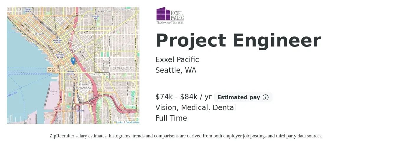 Exxel Pacific job posting for a Project Engineer in Seattle, WA with a salary of $74,000 to $84,000 Yearly and benefits including pto, retirement, vision, dental, life_insurance, and medical with a map of Seattle location.
