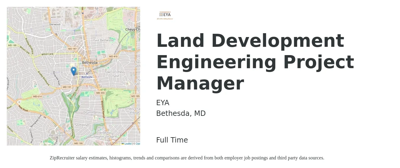 EYA job posting for a Land Development Engineering Project Manager in Bethesda, MD with a salary of $106,700 to $138,200 Yearly with a map of Bethesda location.